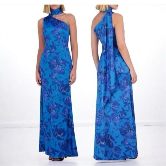 Vince Camuto Blue Floral Mock Neck One-Shoulder Gown Size 8 NWT - Picture 8 of 8